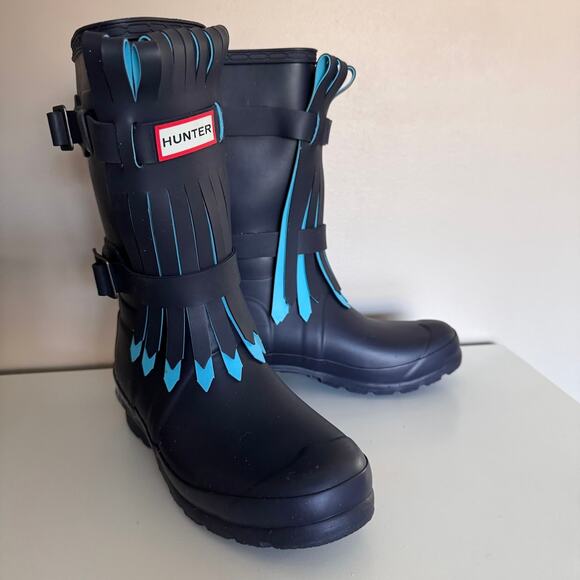 Hunter Dark Blue Original Fringe Wellie Boots Limited Edition Size 5 - Picture 2 of 8